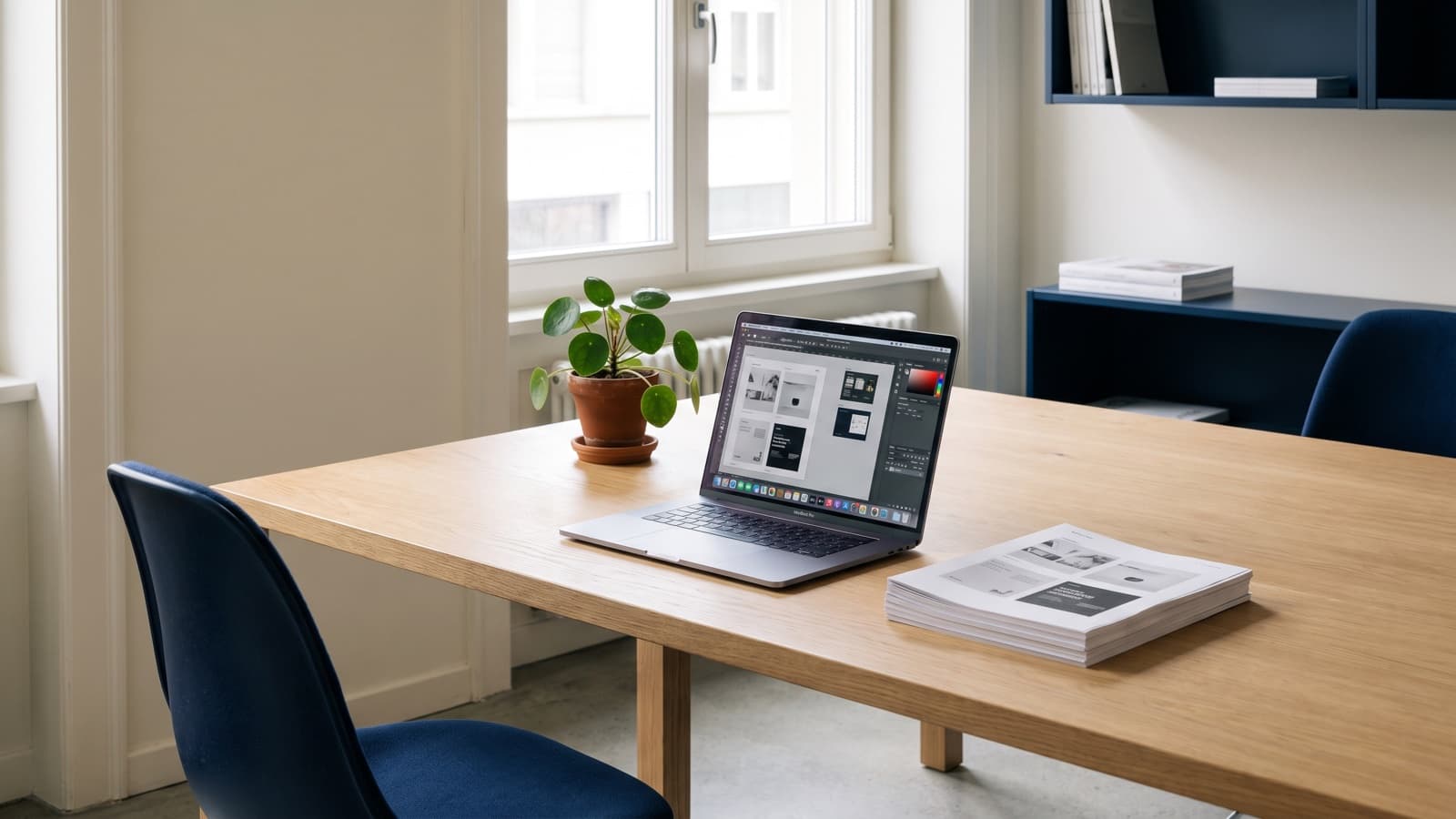 Modernes Arbeitsstudio mit Laptop und Design-Software, Symbolbild für individuelle Website-Entwicklung