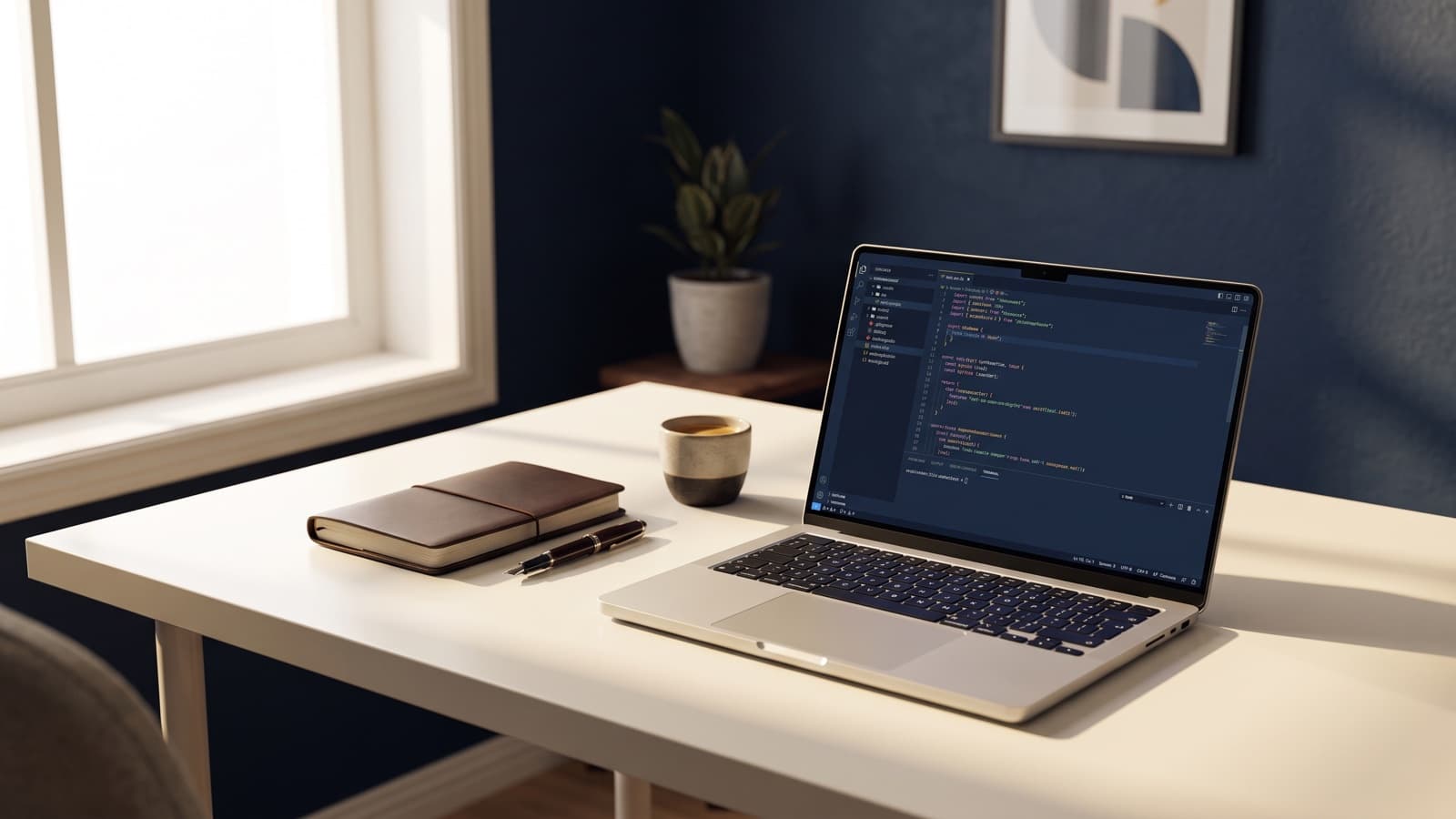 Aufgeräumter Schreibtisch mit Laptop, Notizbuch und Kaffee, Symbolbild für fokussierte Projektarbeit